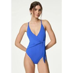 Marks & Spencer Tummy Control Padded Wrap Plunge Swimsuit Iris Size 10 NWT